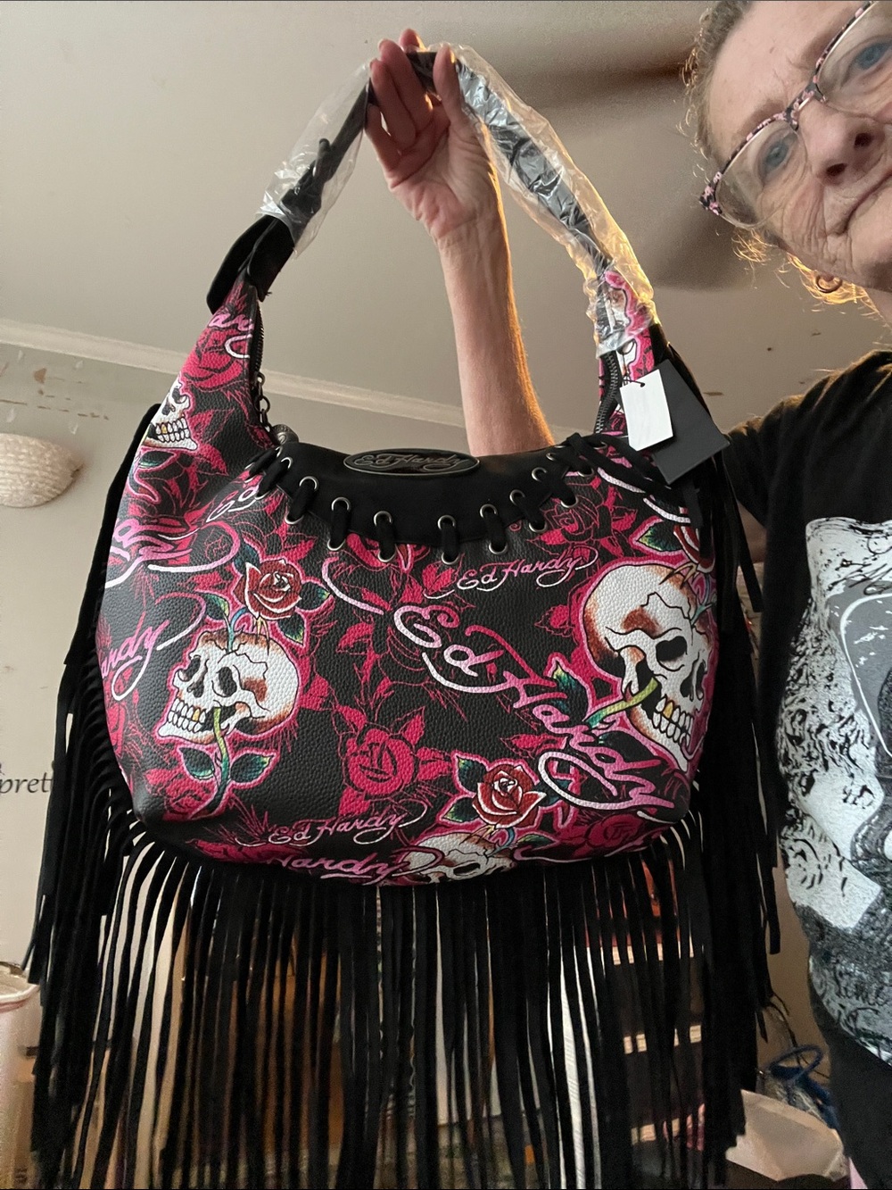 Ed Hardy Black & Pink Rose Skull Fringe Shoulder Bag